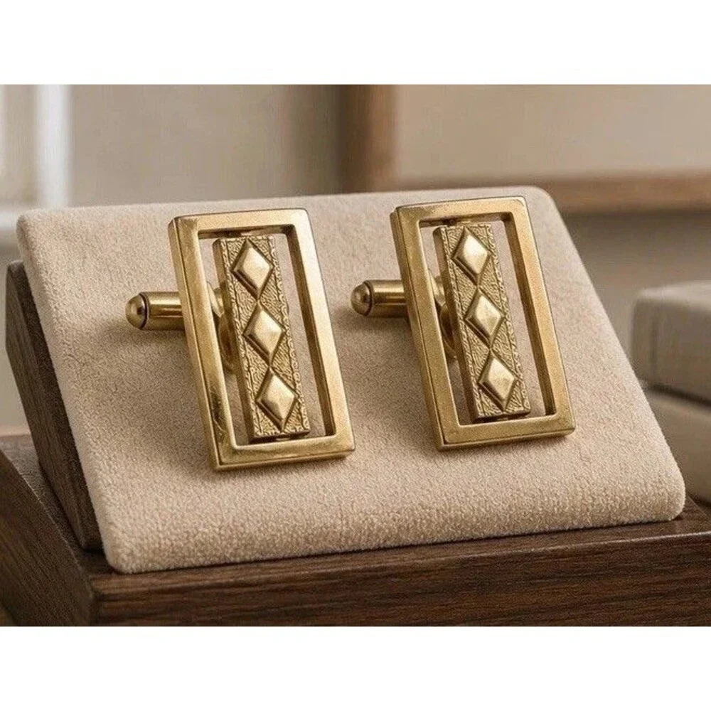 Vintage Hickok USA Gold Tone Rectangle Textured Diamond Cufflinks Bullet Back